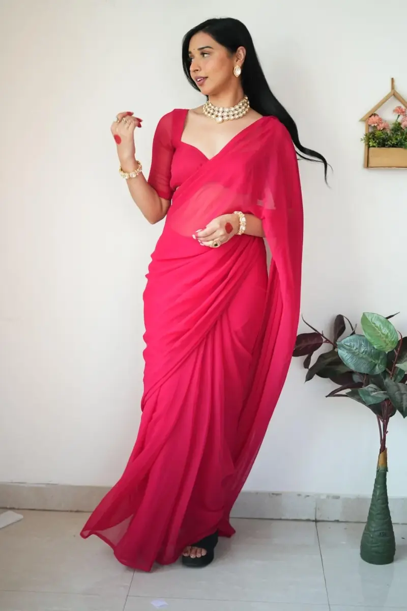 StyleScope Women's Kalki Pink Georgette Ready-to-Wear Saree with Unstitched Blouse Piece | 156 cm (5.5 ft) Length - view 6