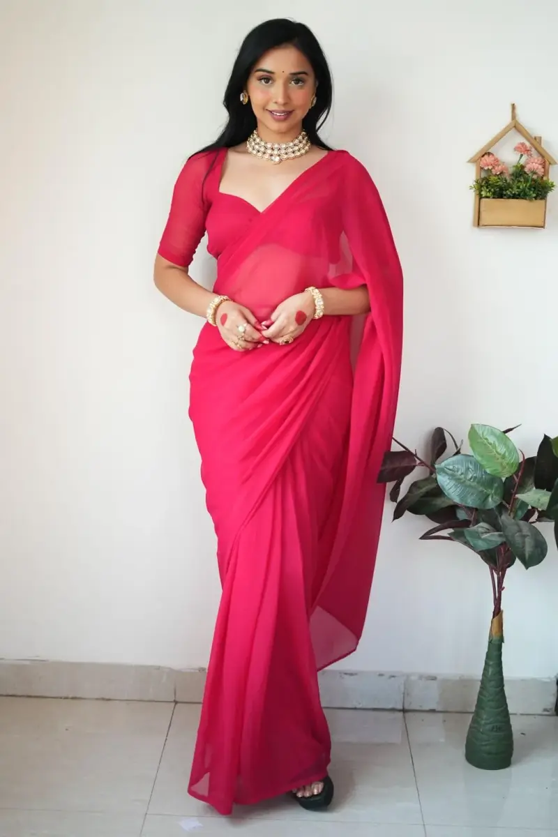 StyleScope Women's Kalki Pink Georgette Ready-to-Wear Saree with Unstitched Blouse Piece | 156 cm (5.5 ft) Length - view 7