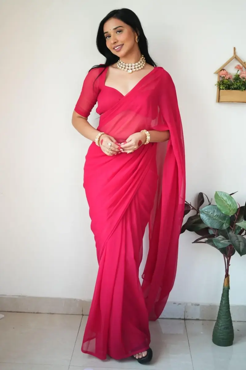 StyleScope Women's Kalki Pink Georgette Ready-to-Wear Saree with Unstitched Blouse Piece | 156 cm (5.5 ft) Length - view 8