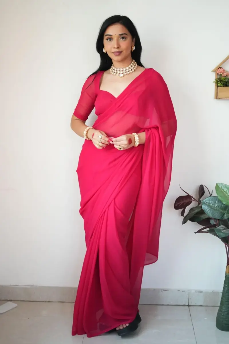 StyleScope Women's Kalki Pink Georgette Ready-to-Wear Saree with Unstitched Blouse Piece | 156 cm (5.5 ft) Length - view 9