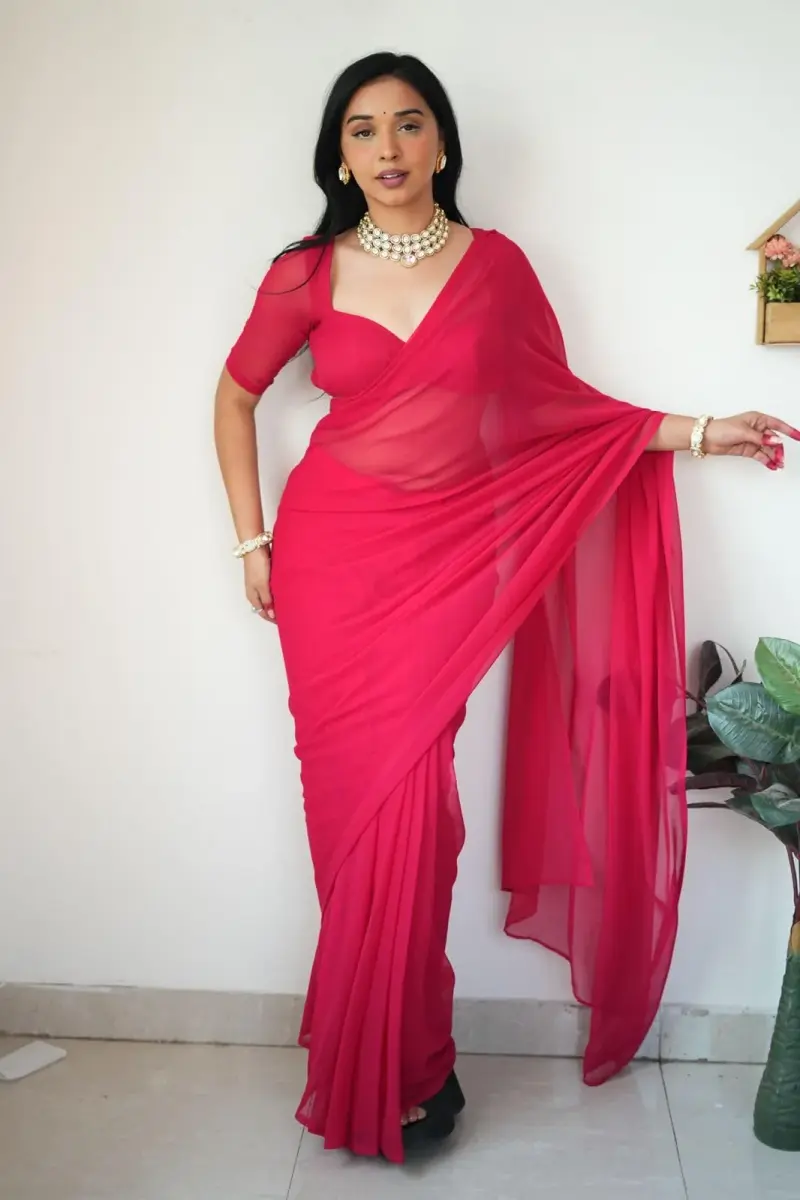 StyleScope Women's Kalki Pink Georgette Ready-to-Wear Saree with Unstitched Blouse Piece | 156 cm (5.5 ft) Length - view 2