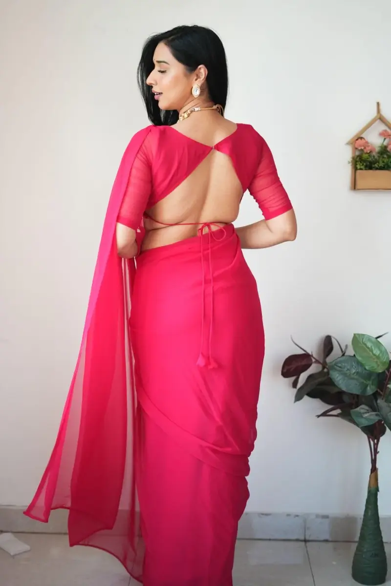 StyleScope Women's Kalki Pink Georgette Ready-to-Wear Saree with Unstitched Blouse Piece | 156 cm (5.5 ft) Length - view 3