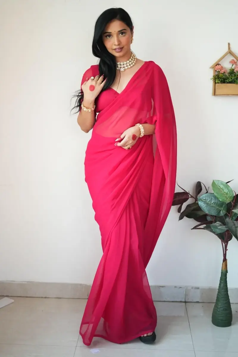 StyleScope Women's Kalki Pink Georgette Ready-to-Wear Saree with Unstitched Blouse Piece | 156 cm (5.5 ft) Length - view 4