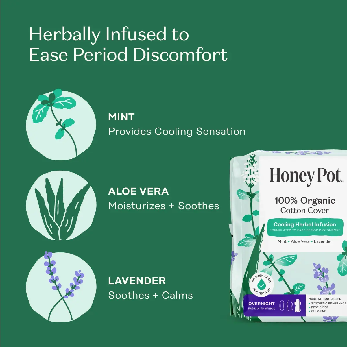 The Honey Pot Company Organic Herbal Infused Overnight Pads with Wings, 48 Count | Cooling Sensation for Feminine Care - view 3