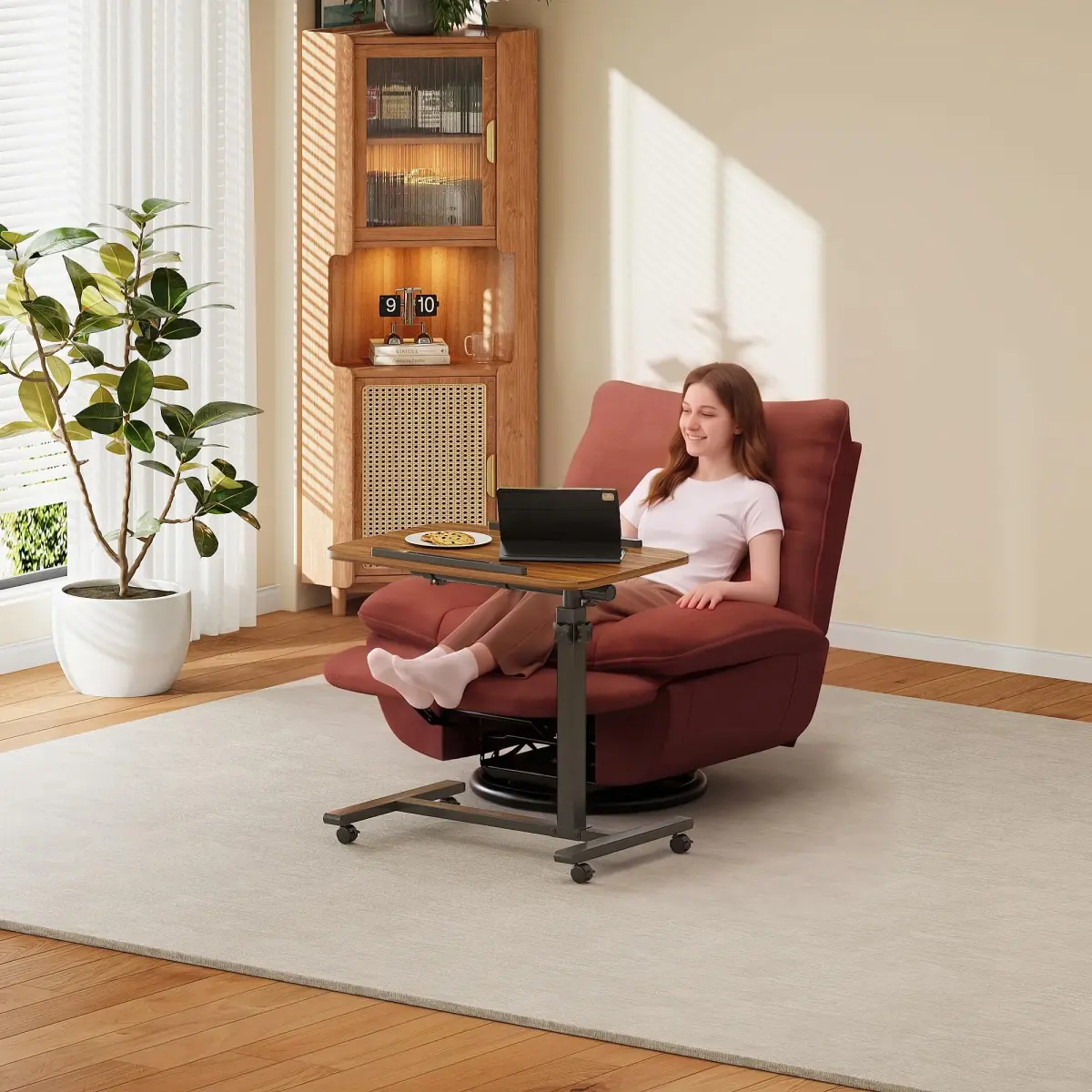 Furist Adjustable Laptop Lap Desk with Wheels & Mouse Pad, Light Walnut 92cm (36.2") | Mobile Overbed Table for Home & Hospital - view 4