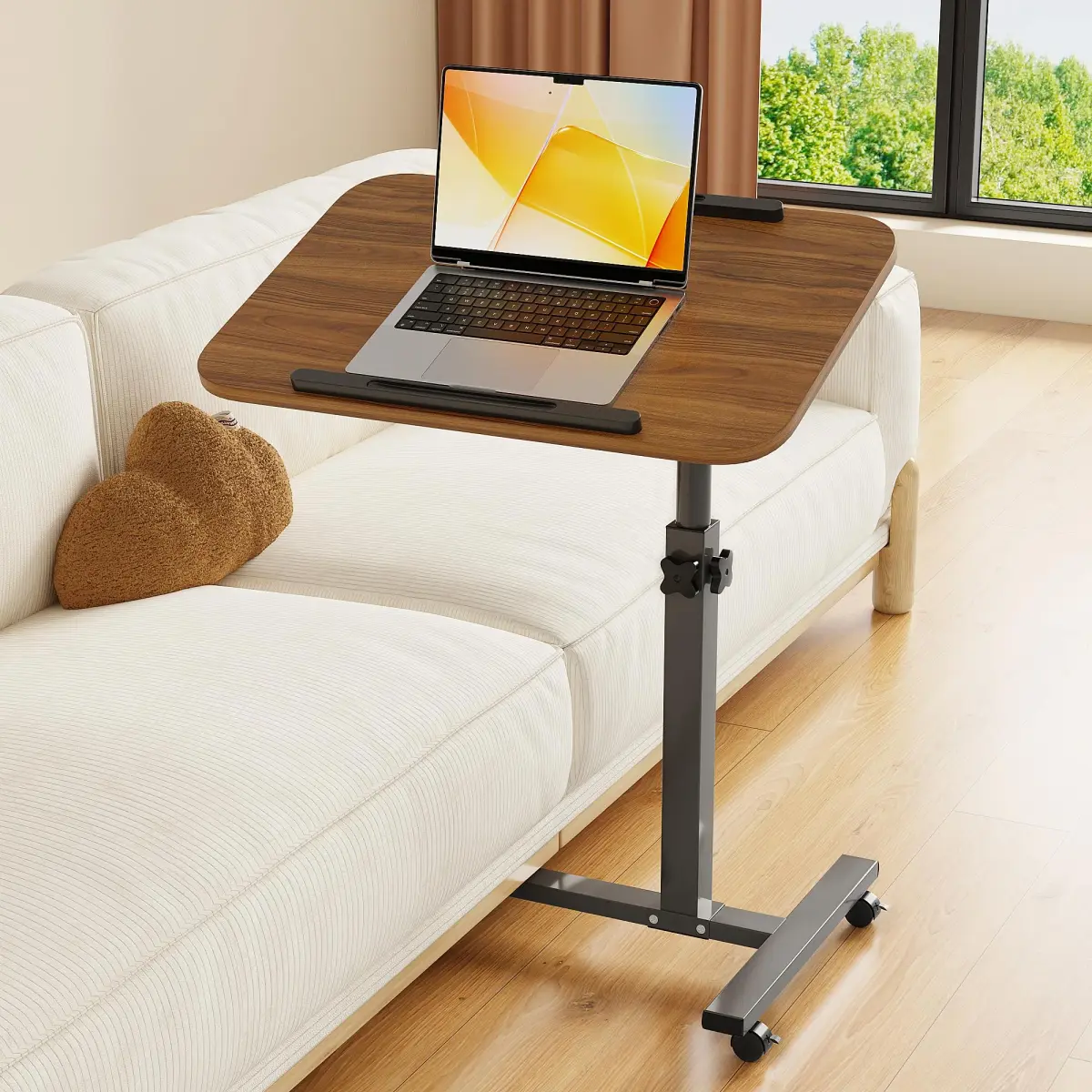 Furist Adjustable Laptop Lap Desk with Wheels & Mouse Pad, Light Walnut 92cm (36.2") | Mobile Overbed Table for Home & Hospital - main product image