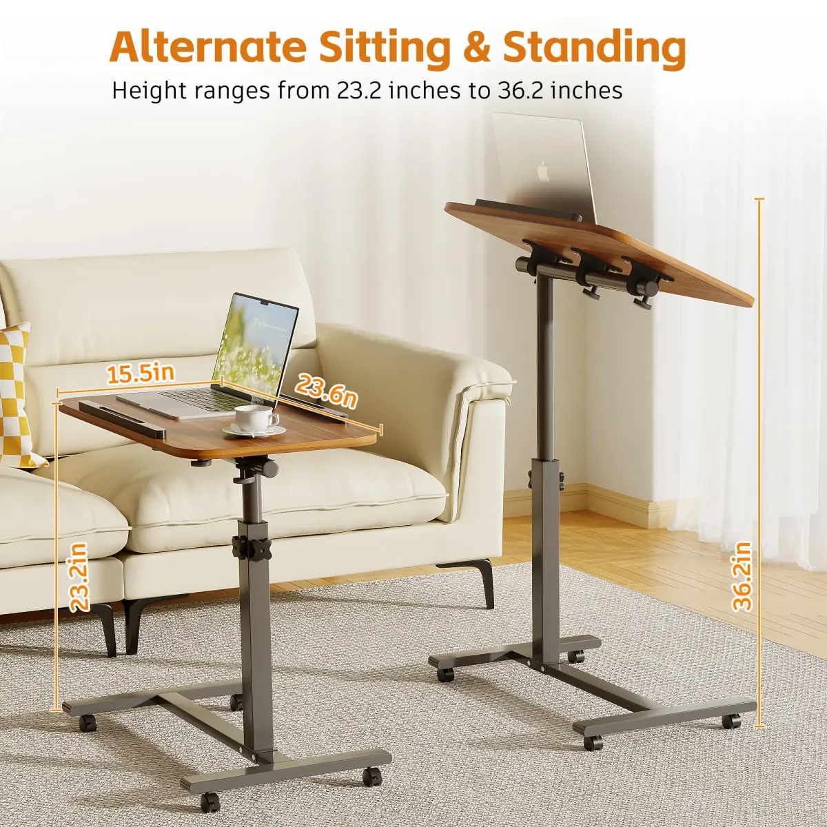 Furist Adjustable Laptop Lap Desk with Wheels & Mouse Pad, Light Walnut 92cm (36.2") | Mobile Overbed Table for Home & Hospital - view 3