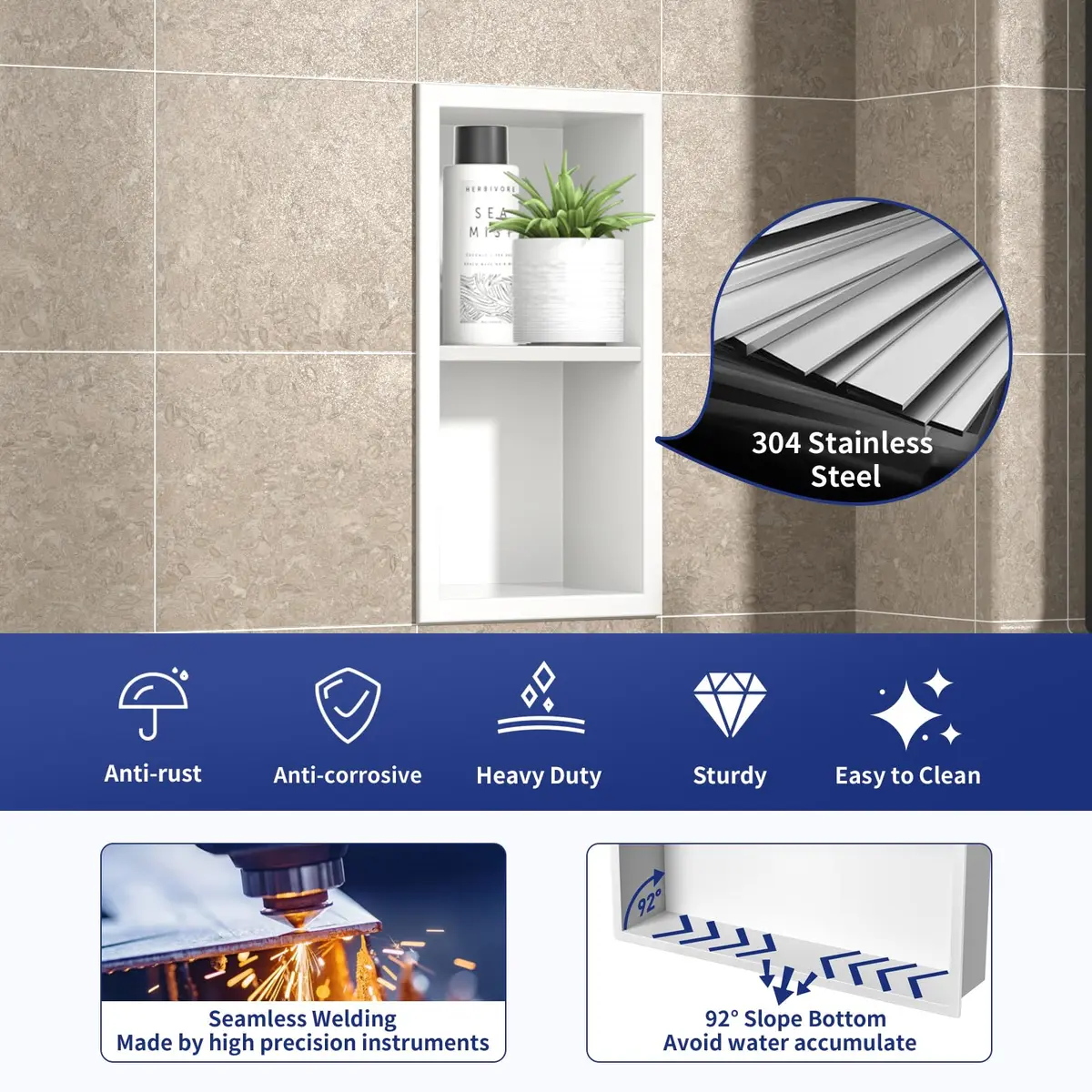 Bernkot Shower Niche, Wall Shower Stool Niche for Bathroom | Rustproof AISI 304 Steel, No Tile Needed (70-120 chars) - view 2