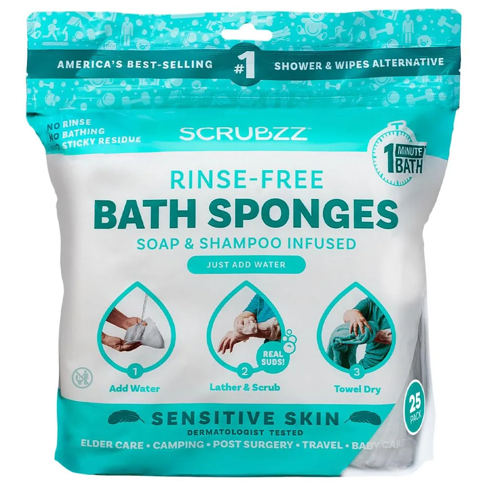 Scrubzz Disposable No Rinse Bathing Wipes 25 Count Sensitive Skin | Gentle Cleansing for Impractical Showers - main product image