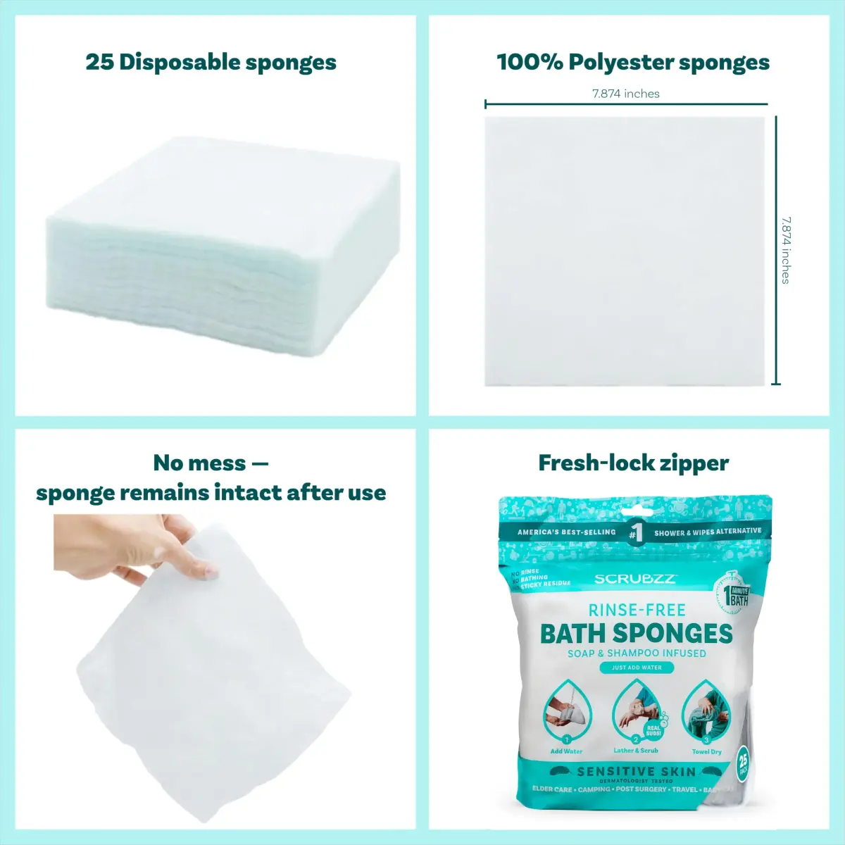 Scrubzz Sensitive Skin Rinse-Free Bathing Wipes 25 Count (19.8cm x 19.8cm) | Hypoallergenic & pH-Balanced for Gentle Cleansing - view 2