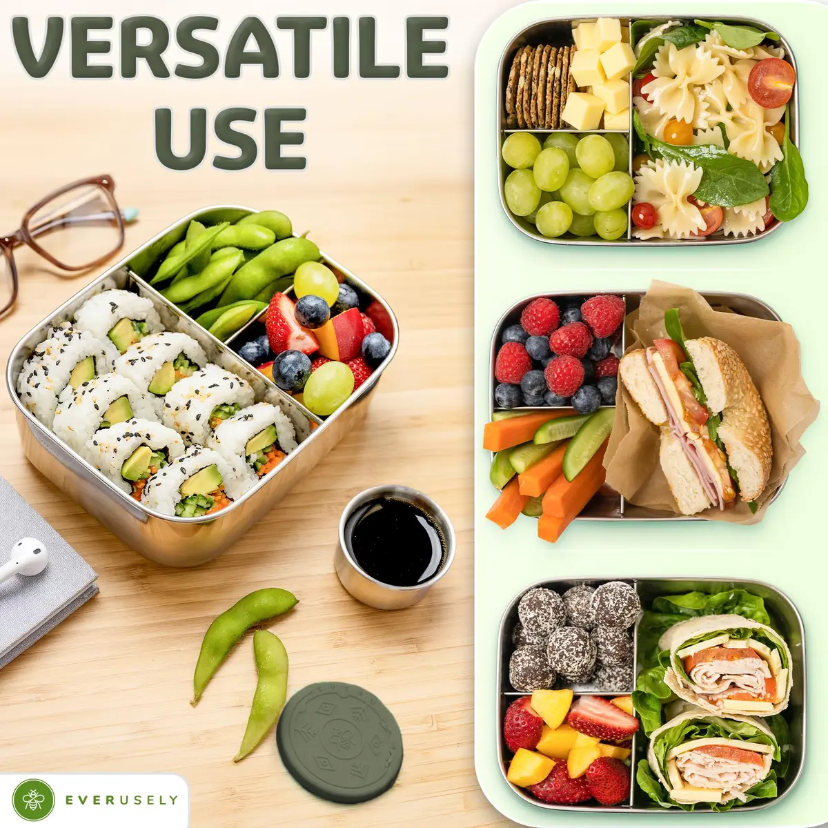 Eversusely Stainless Steel Bento Box + Condiment Container Sage 800ml (27oz) | Leakproof Lunch Box for Indian Meals - view 5