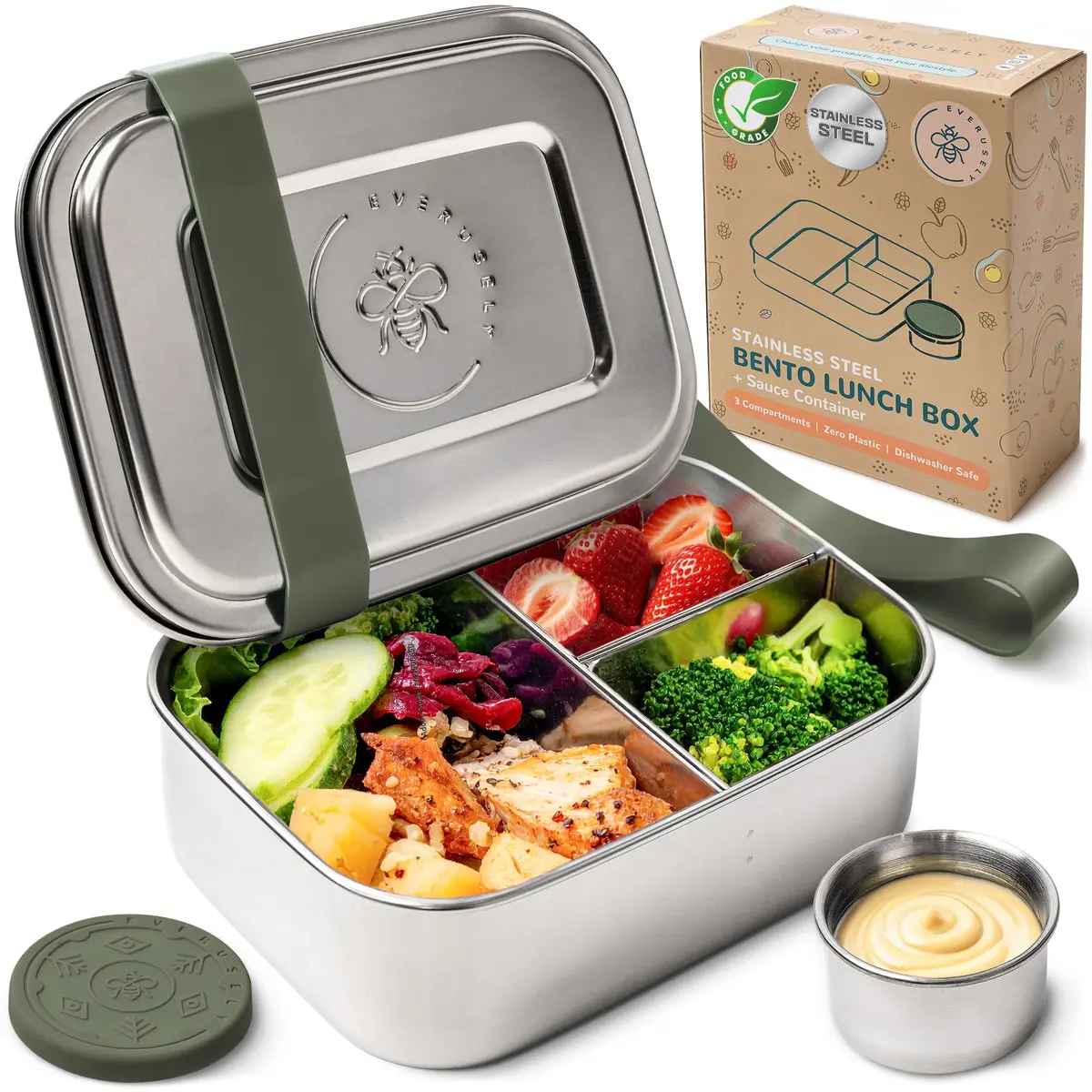 Eversusely Stainless Steel Bento Box + Condiment Container Sage 800ml (27oz) | Leakproof Lunch Box for Indian Meals - main product image