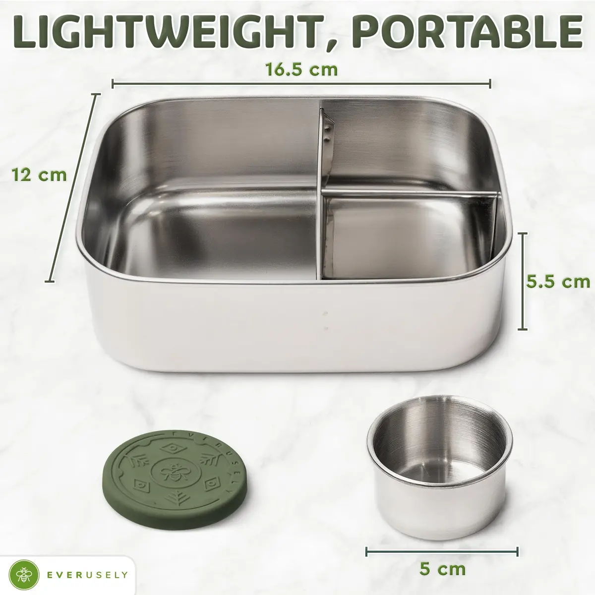 Eversusely Stainless Steel Bento Box + Condiment Container Sage 800ml (27oz) | Leakproof Lunch Box for Indian Meals - view 7