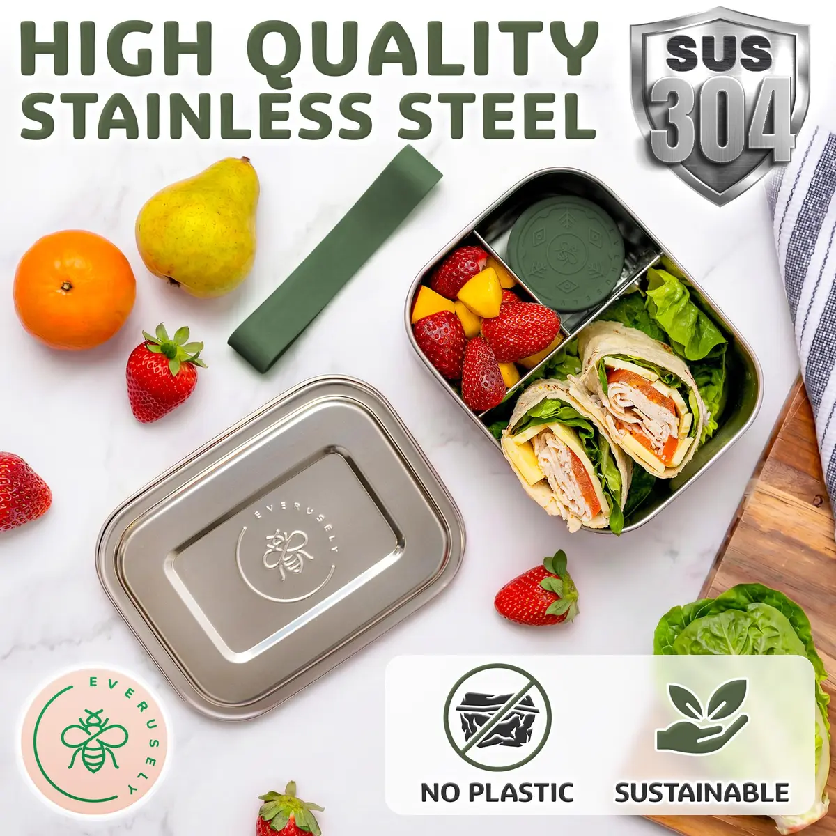 Eversusely Stainless Steel Bento Box + Condiment Container Sage 800ml (27oz) | Leakproof Lunch Box for Indian Meals - view 8