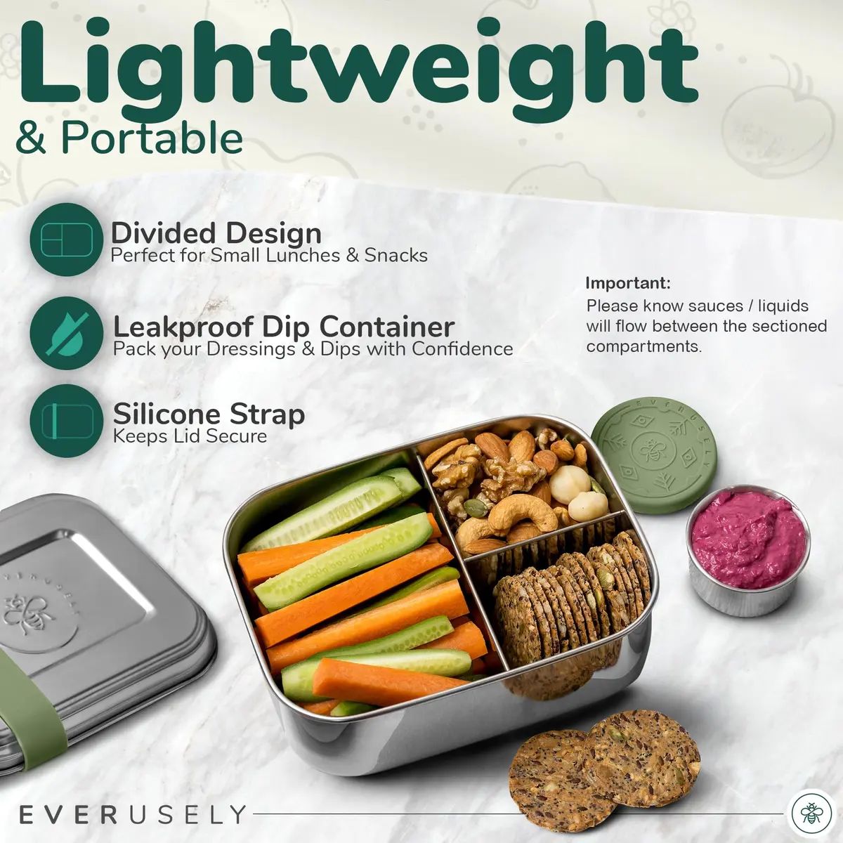 Eversusely Stainless Steel Bento Box + Condiment Container Sage 800ml (27oz) | Leakproof Lunch Box for Indian Meals - view 2