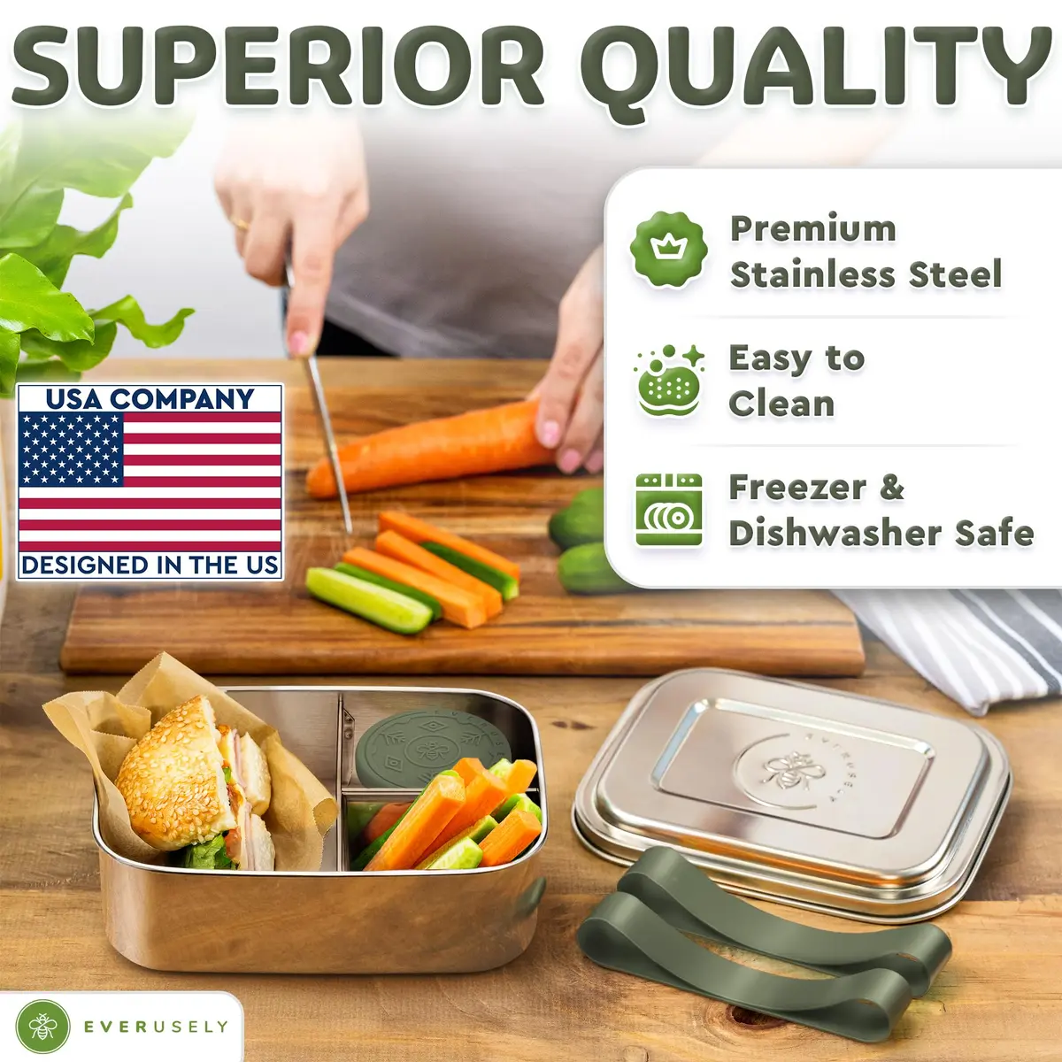Eversusely Stainless Steel Bento Box + Condiment Container Sage 800ml (27oz) | Leakproof Lunch Box for Indian Meals - view 3