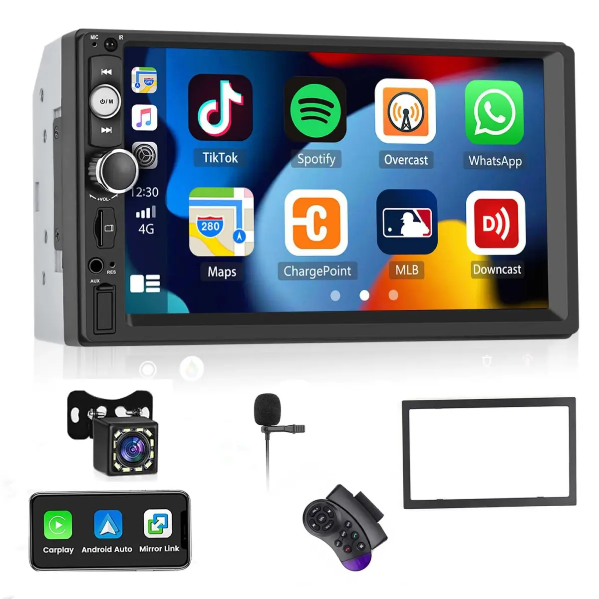 UNITOPSCI Double Din Car Stereo with Apple CarPlay & Android Auto, 7" HD Touchscreen | 2 Din Car Radio MP5 Player with Bluetooth, AUX/USB/TF Card, Mirror Link, FM, SWC + Backup Camera & Mic - main product image