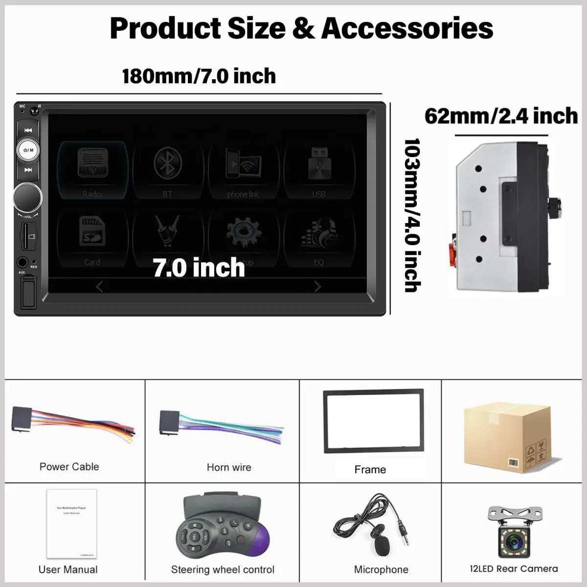 UNITOPSCI Double Din Car Stereo with Apple CarPlay & Android Auto, 7" HD Touchscreen | 2 Din Car Radio MP5 Player with Bluetooth, AUX/USB/TF Card, Mirror Link, FM, SWC + Backup Camera & Mic - view 7