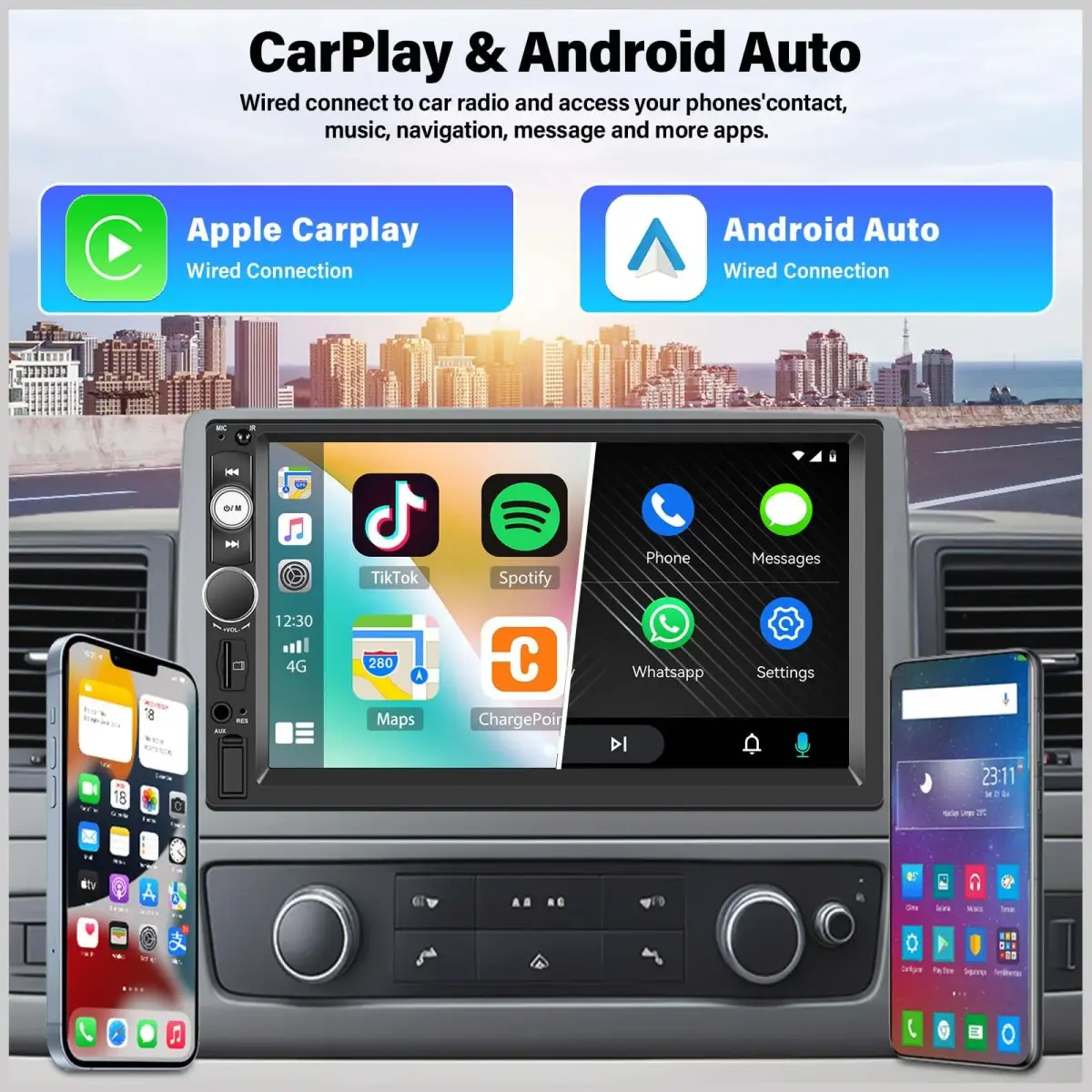 UNITOPSCI Double Din Car Stereo with Apple CarPlay & Android Auto, 7" HD Touchscreen | 2 Din Car Radio MP5 Player with Bluetooth, AUX/USB/TF Card, Mirror Link, FM, SWC + Backup Camera & Mic - view 2