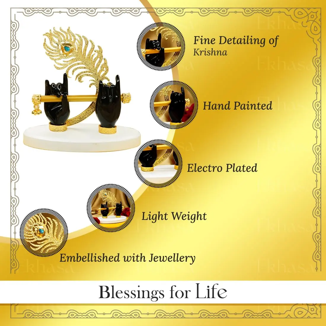Ekhasa Lord Krishna Hands with Flute Idol | Krishna Flute Hand Statue | Krishnaji Divine Hand Idol with Flute, Peacock Feather | Krishna Statue for Car Dashboard, Living Room, Griha Pravesh Gift - view 2