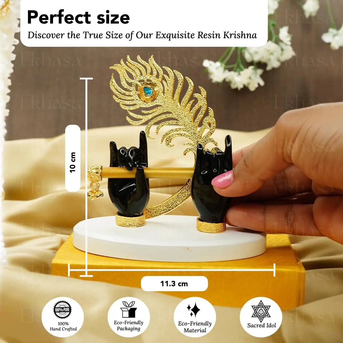 Ekhasa Lord Krishna Hands with Flute Idol | Krishna Flute Hand Statue | Krishnaji Divine Hand Idol with Flute, Peacock Feather | Krishna Statue for Car Dashboard, Living Room, Griha Pravesh Gift - view 3