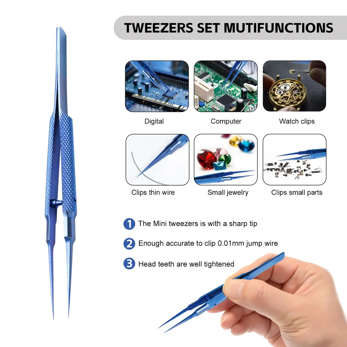 WEDOFIX Micro Precision Tweezers 10.8 cm (4.25'') Deep Blue | Fine Tip Anti-magnetic for Electronics & Jewelry - view 5