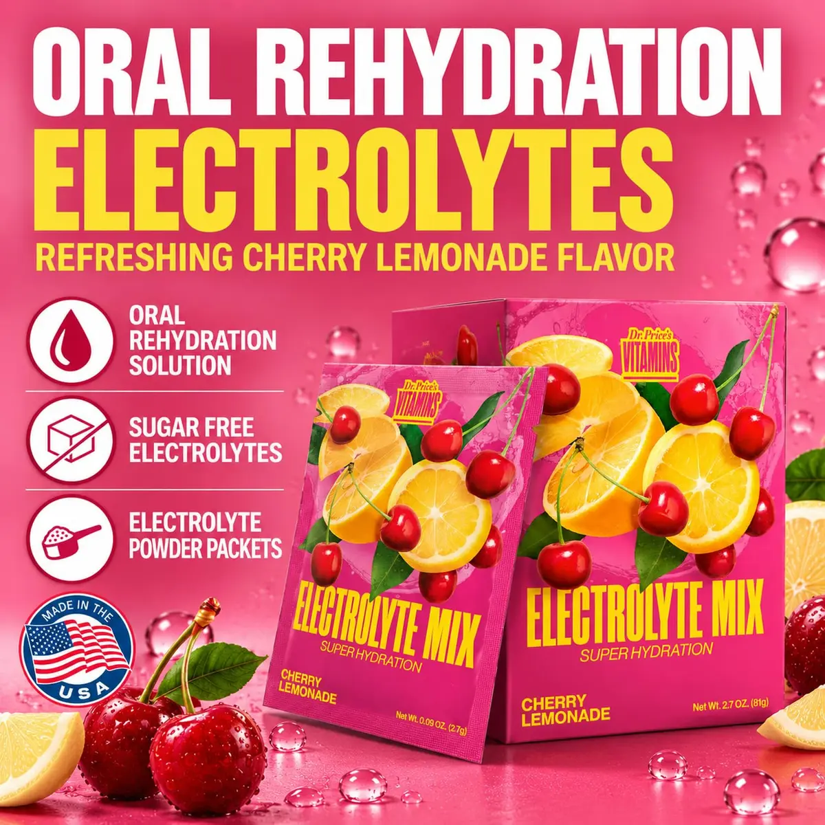 Dr. Price's Electrolytes Powder Packets, Cherry Lemonade | Sugar Free Hydration Support (70-120c) - view 2