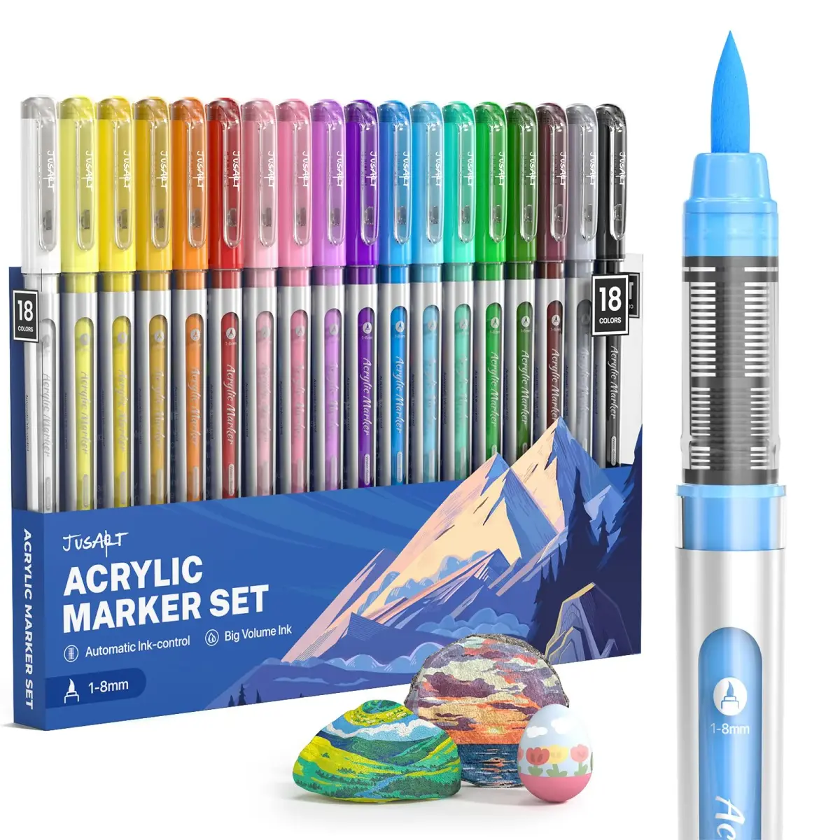 JusArt Acrylic Paint Markers Brush Tip 18 Colors, Automatic Ink Control | Water-Based, Non-Toxic, Waterproof - main product image