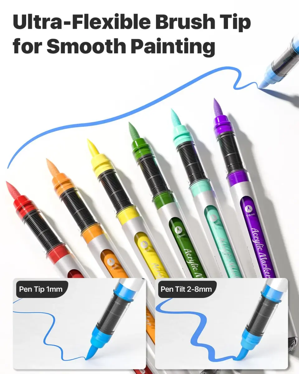 JusArt Acrylic Paint Markers Brush Tip 18 Colors, Automatic Ink Control | Water-Based, Non-Toxic, Waterproof - view 2