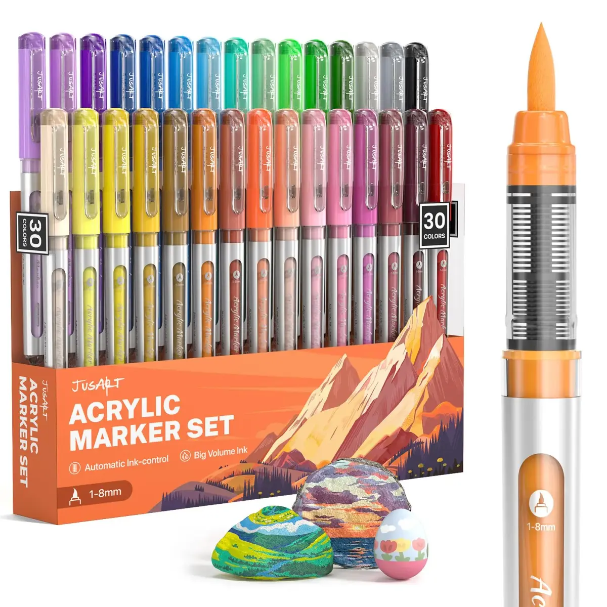 JusArt Acrylic Paint Markers Brush Tip 30 Colors, Automatic Ink Control | ASTM D4236 & EN71 Certified - main product image