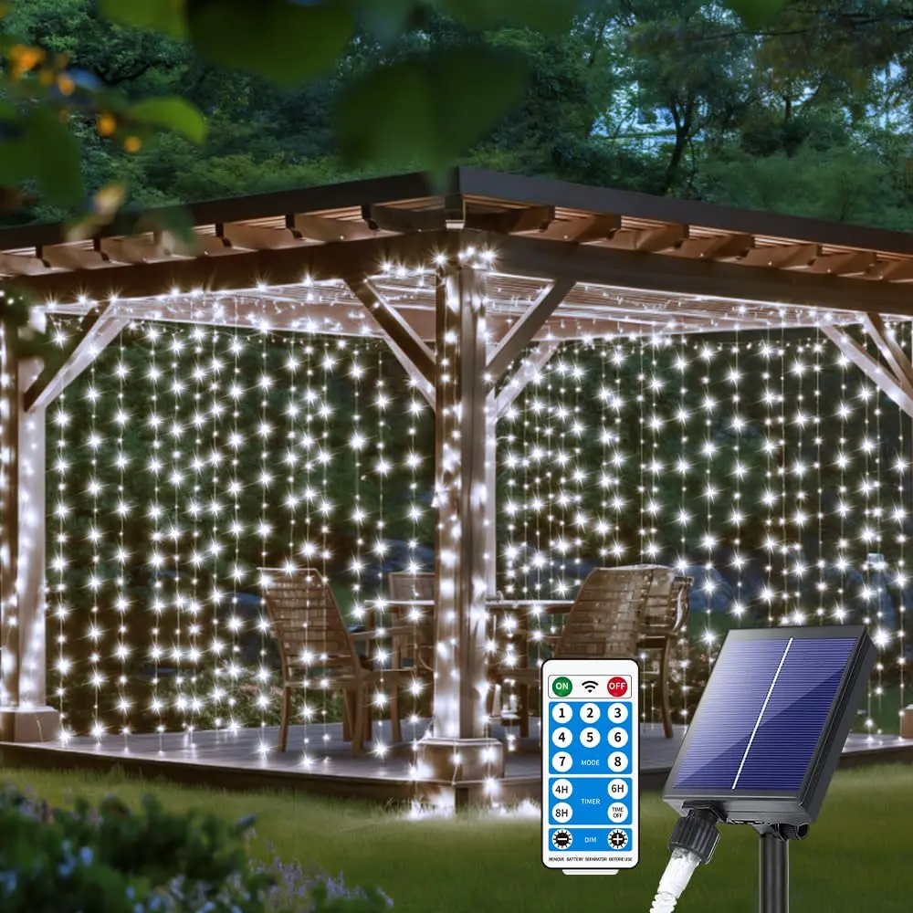 QLIRJAD Solar Curtain Lights 10*10Ft 300LED Waterproof Outdoor String Lights | 8 Modes, Remote, C Charging, Dimmable, Timer, Twinkle - main product image