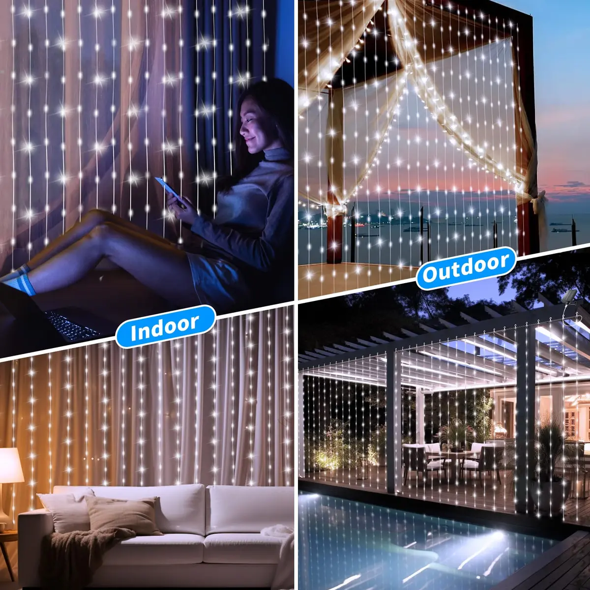 QLIRJAD Solar Curtain Lights 10*10Ft 300LED Waterproof Outdoor String Lights | 8 Modes, Remote, C Charging, Dimmable, Timer, Twinkle - view 7