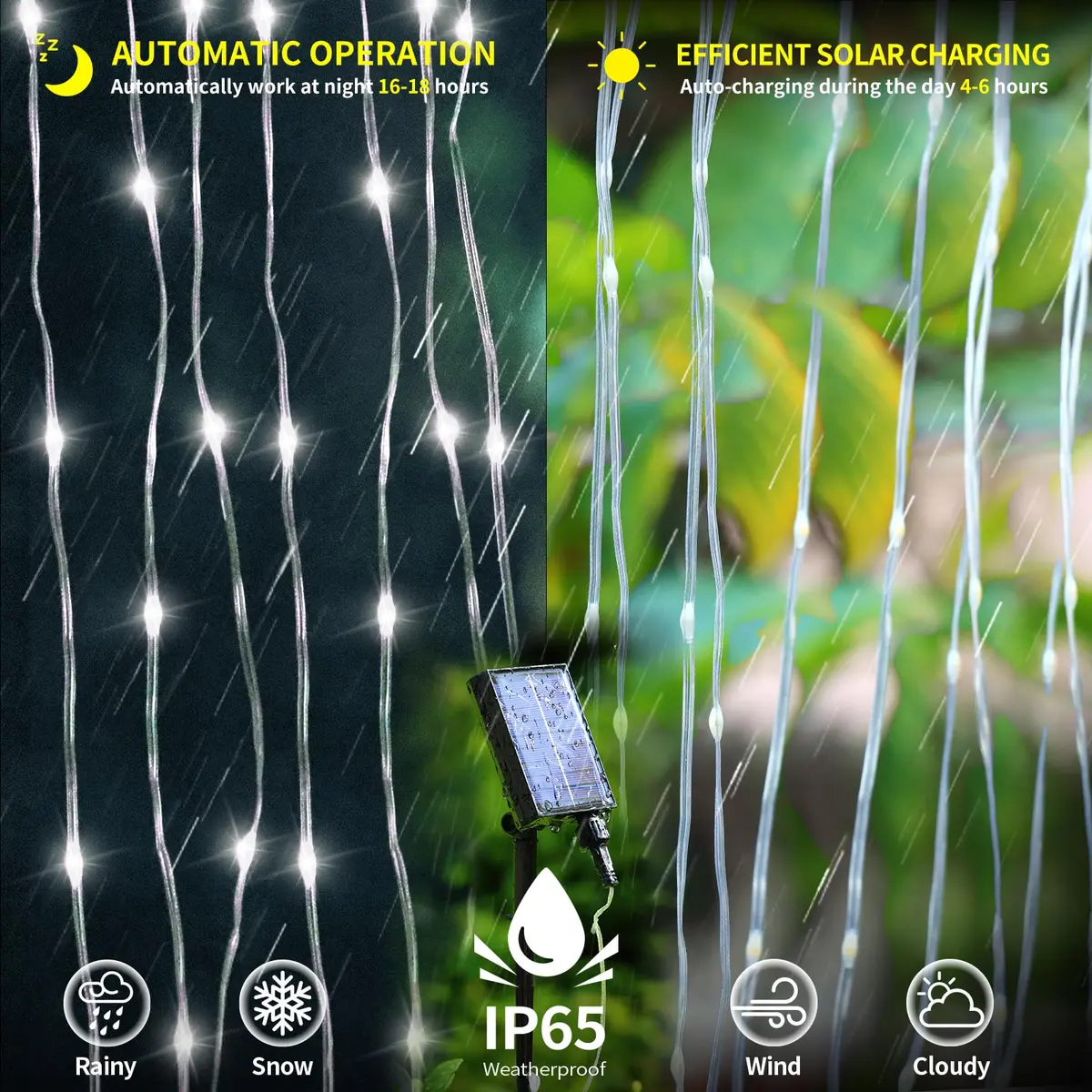 QLIRJAD Solar Curtain Lights 10*10Ft 300LED Waterproof Outdoor String Lights | 8 Modes, Remote, C Charging, Dimmable, Timer, Twinkle - view 8