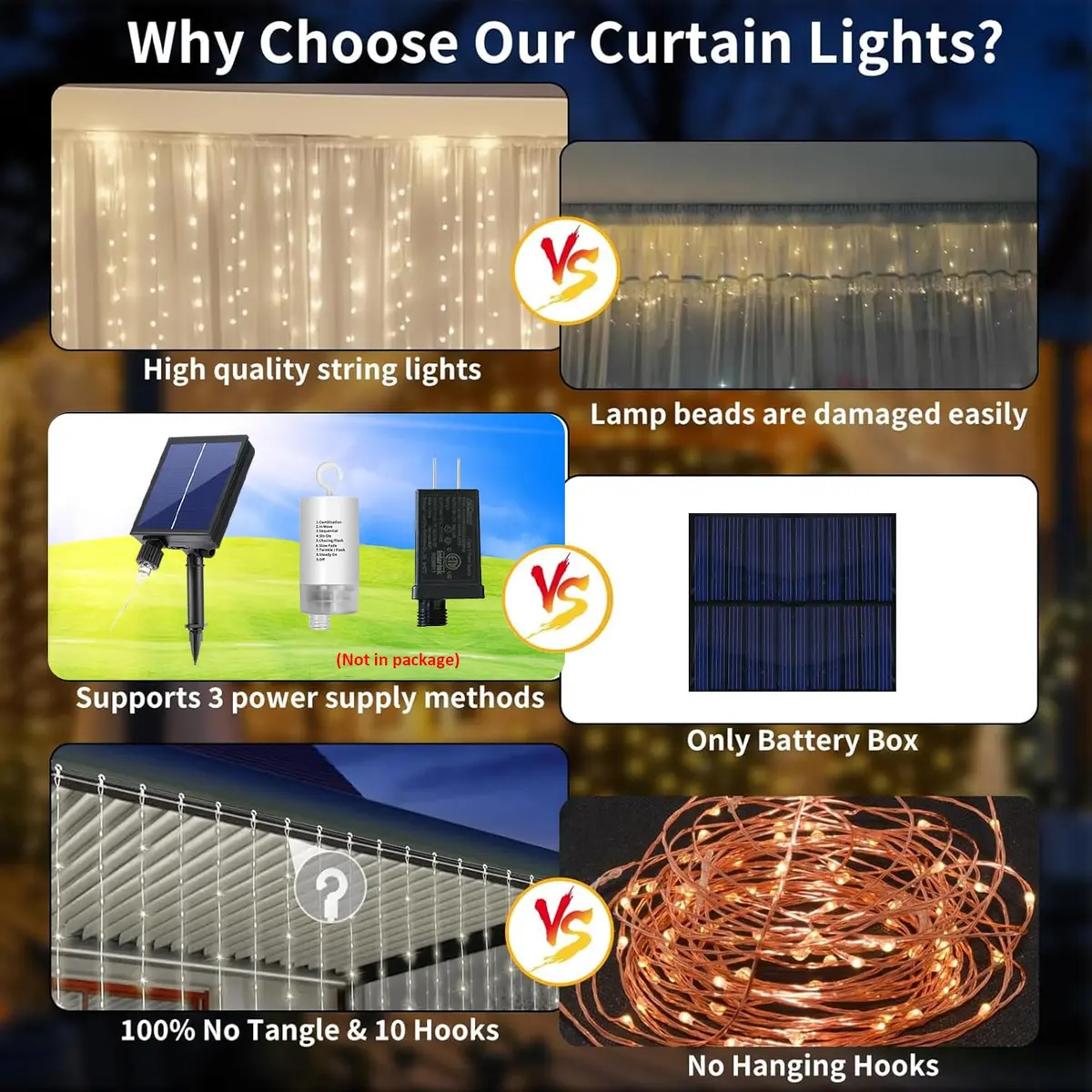 QLIRJAD Solar Curtain Lights 10*10Ft 300LED Waterproof Outdoor String Lights | 8 Modes, Remote, C Charging, Dimmable, Timer, Twinkle - view 2