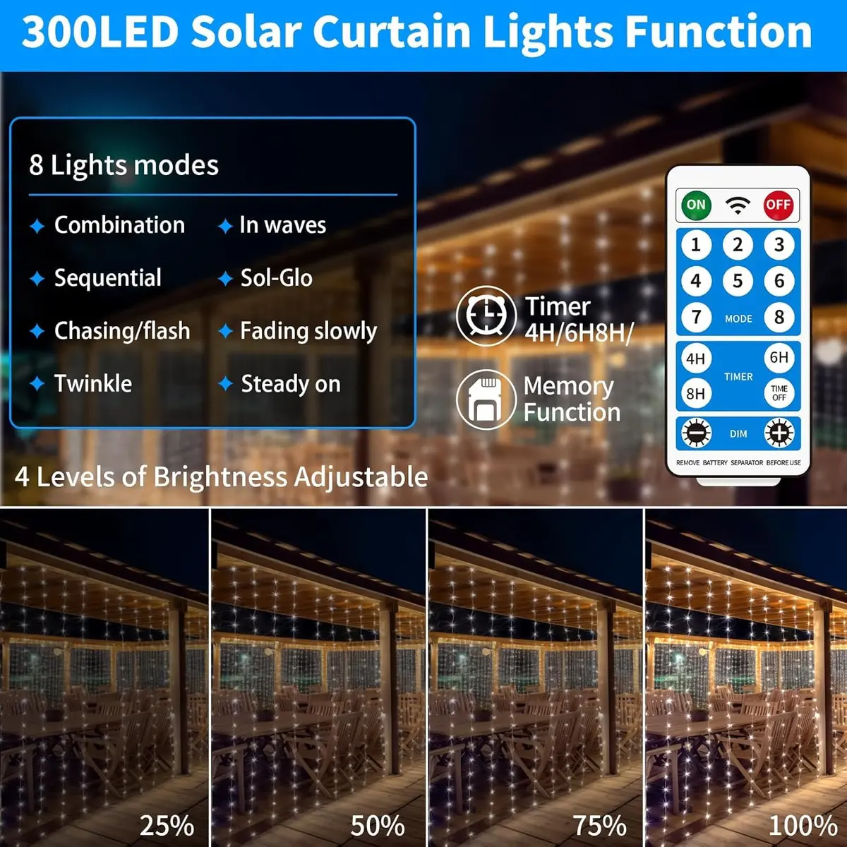 QLIRJAD Solar Curtain Lights 10*10Ft 300LED Waterproof Outdoor String Lights | 8 Modes, Remote, C Charging, Dimmable, Timer, Twinkle - view 3
