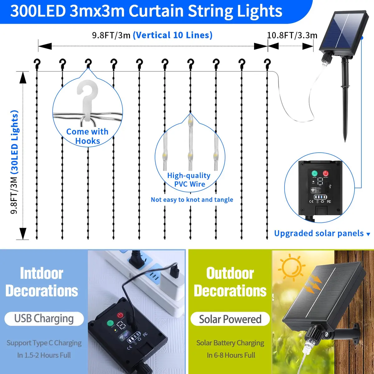 QLIRJAD Solar Curtain Lights 10*10Ft 300LED Waterproof Outdoor String Lights | 8 Modes, Remote, C Charging, Dimmable, Timer, Twinkle - view 4