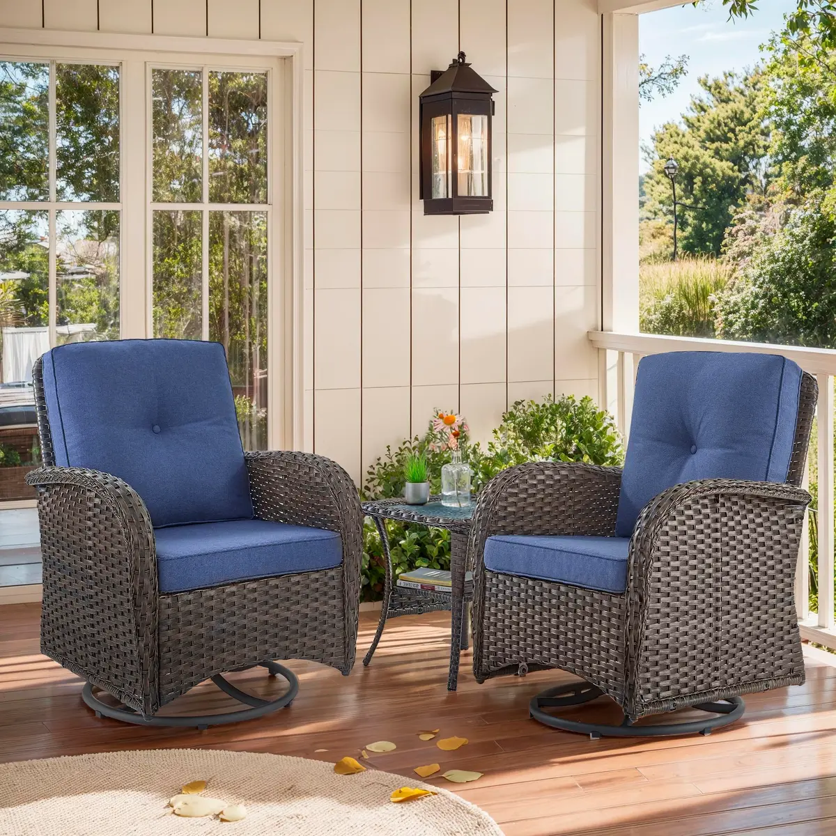Artfurniz Outdoor Swivel Glider Chairs - 3 Piece Patio Furniture Set, Brown Wicker, Blue Cushions | 360° Swivel & Glide - main product image