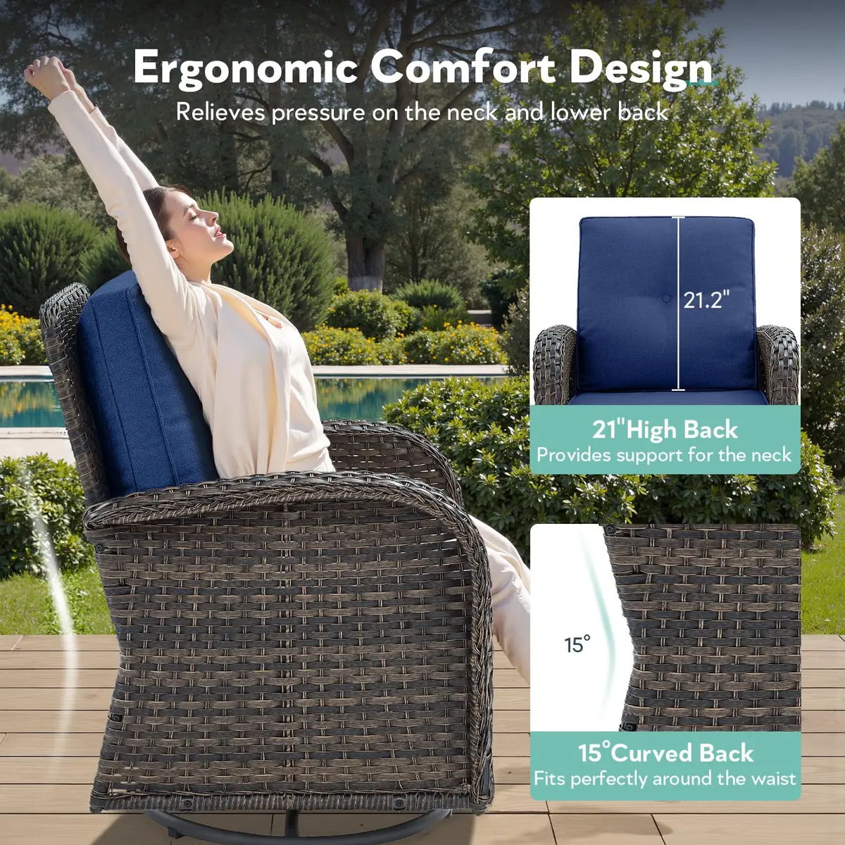 Artfurniz Outdoor Swivel Glider Chairs - 3 Piece Patio Furniture Set, Brown Wicker, Blue Cushions | 360° Swivel & Glide - view 6