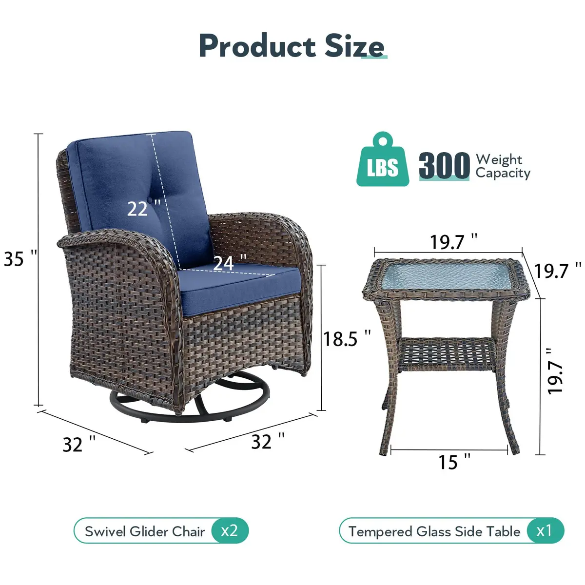 Artfurniz Outdoor Swivel Glider Chairs - 3 Piece Patio Furniture Set, Brown Wicker, Blue Cushions | 360° Swivel & Glide - view 2