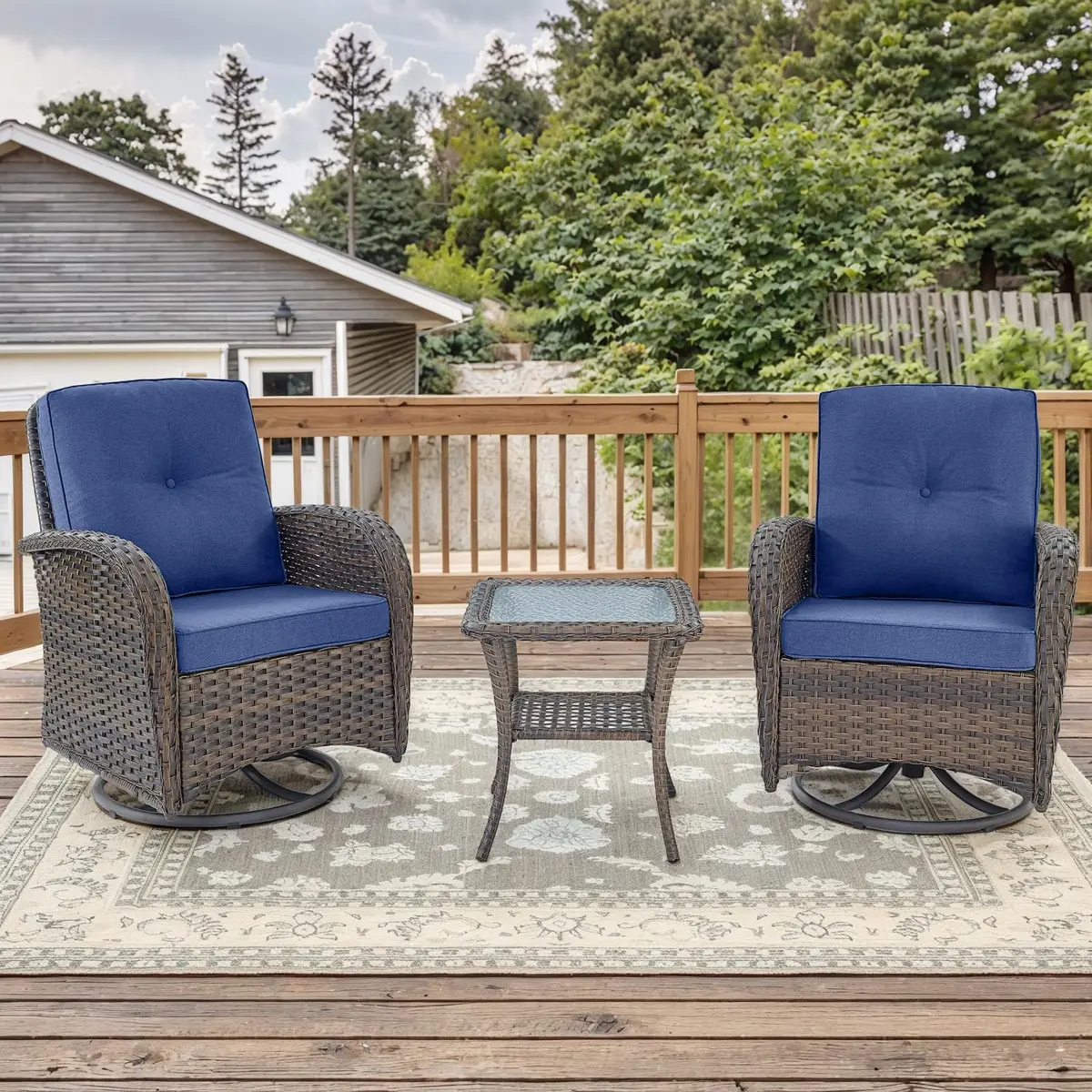 Artfurniz Outdoor Swivel Glider Chairs - 3 Piece Patio Furniture Set, Brown Wicker, Blue Cushions | 360° Swivel & Glide - view 3