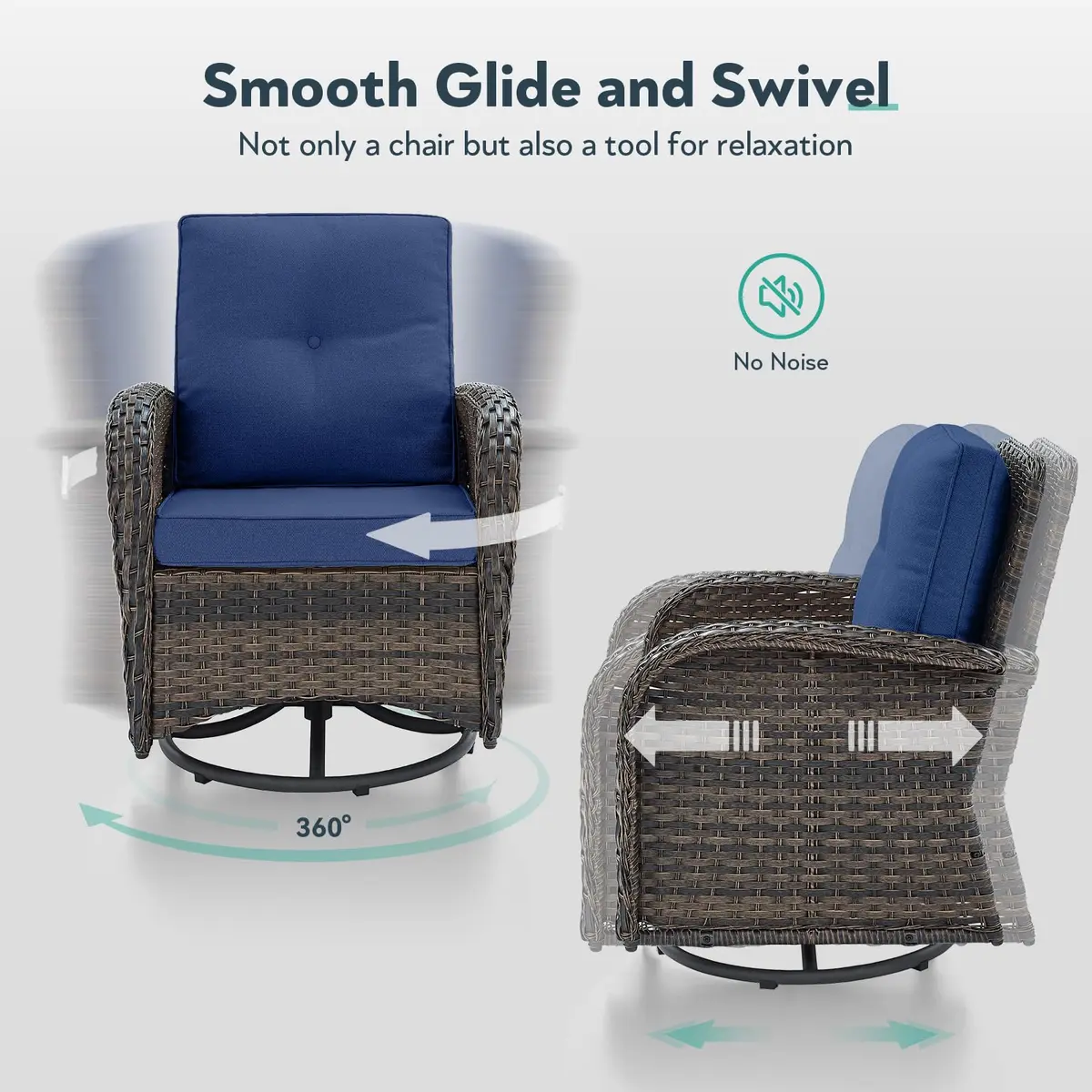 Artfurniz Outdoor Swivel Glider Chairs - 3 Piece Patio Furniture Set, Brown Wicker, Blue Cushions | 360° Swivel & Glide - view 4
