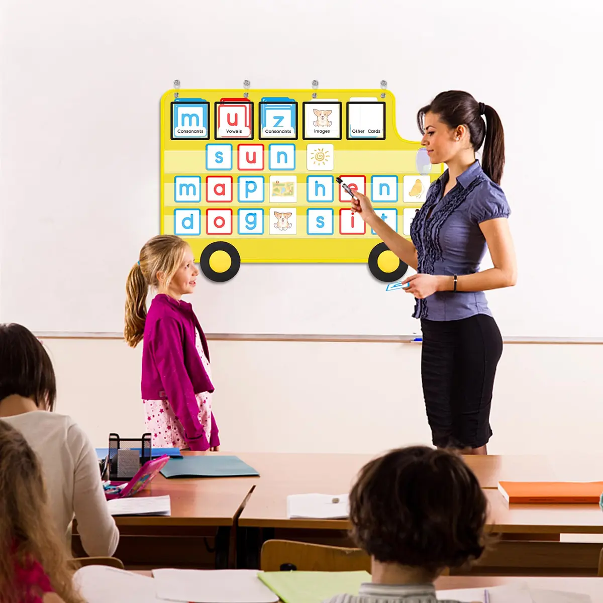 ALSLEA School Bus Shaped Pocket Chart 86cm x 56cm (33 ⅞ " x 22") | Large Classroom Hanging Organizer - view 4