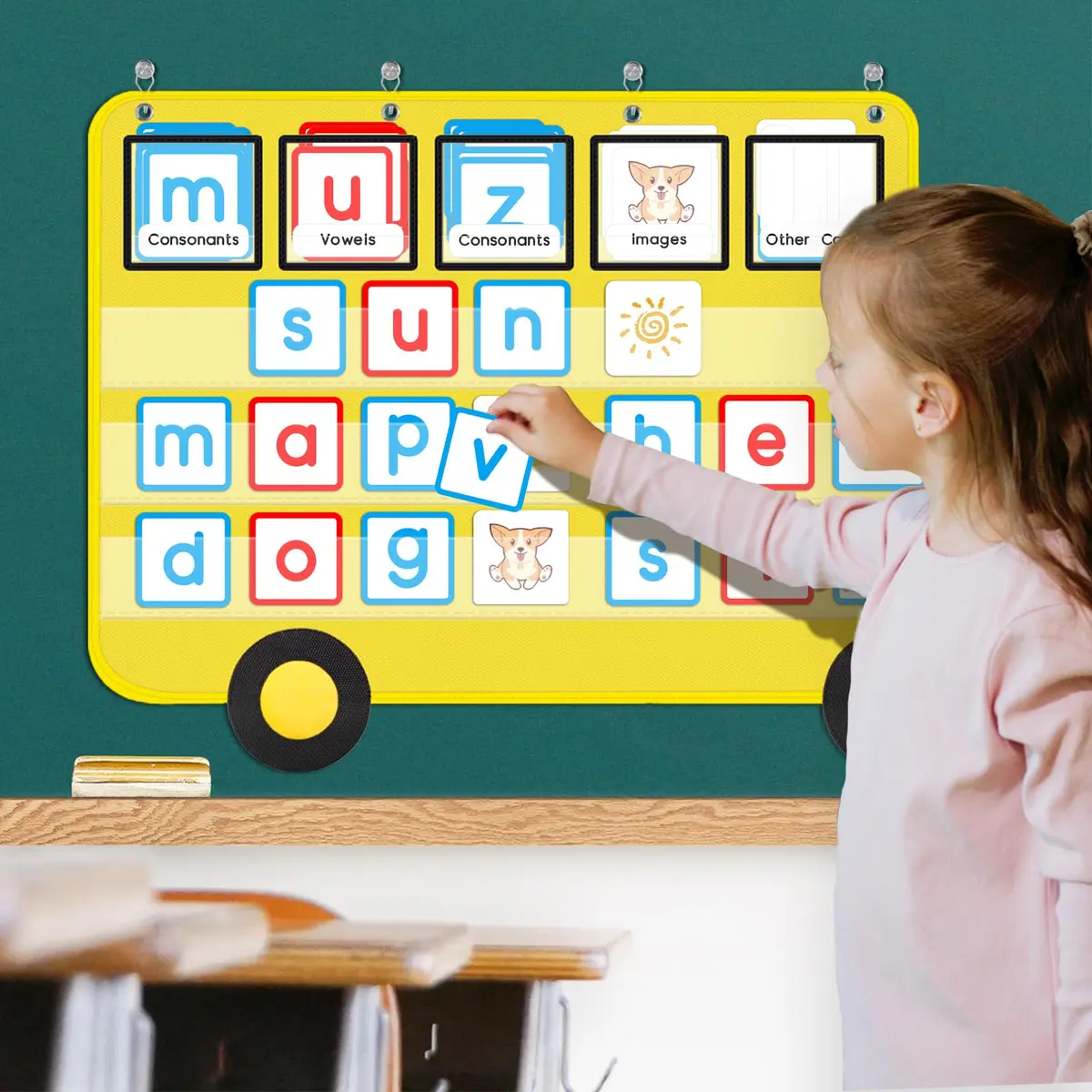 ALSLEA School Bus Shaped Pocket Chart 86cm x 56cm (33 ⅞ " x 22") | Large Classroom Hanging Organizer - view 2
