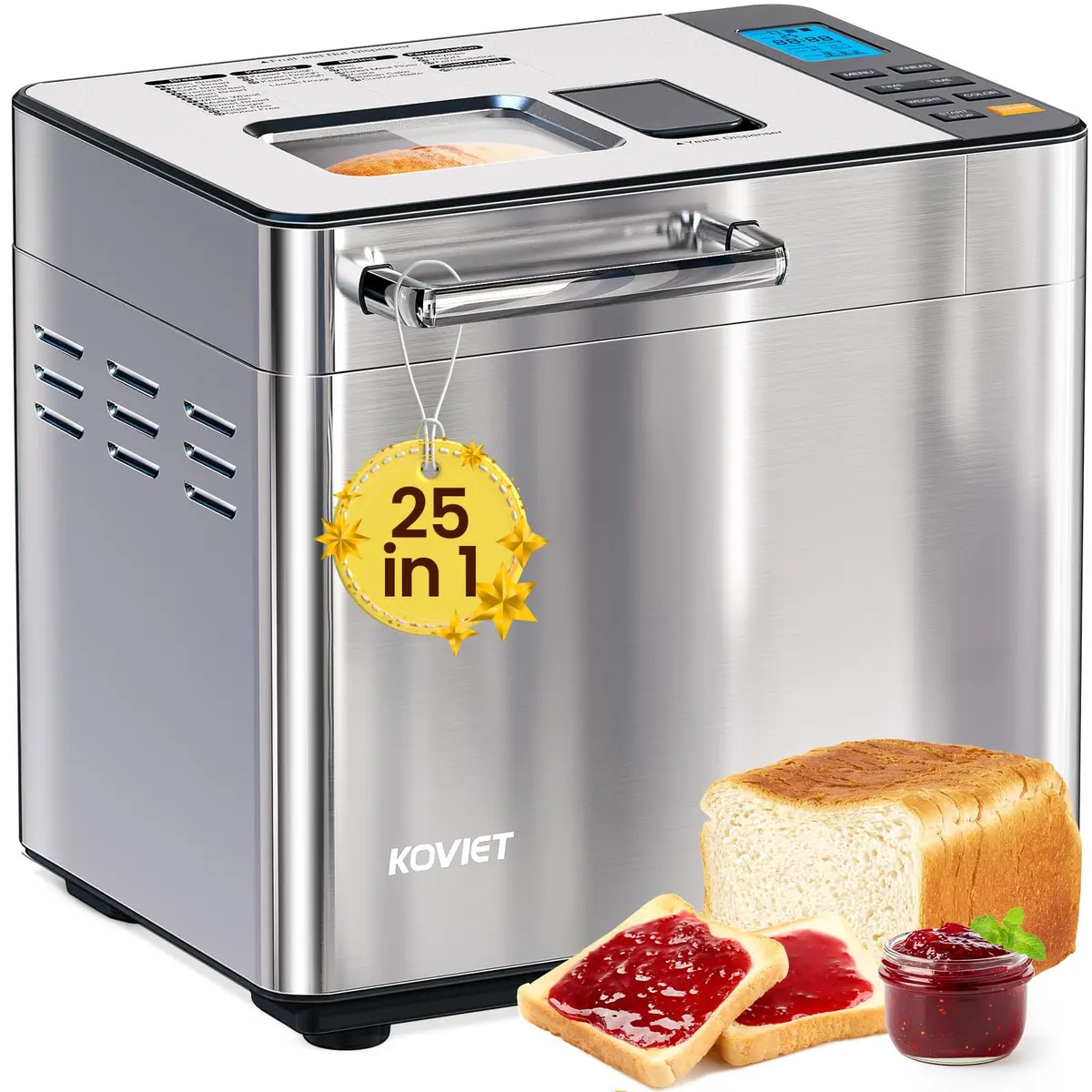 KOVIET 25‑in‑1 Bread Maker Machine 2lb | Automatic Dual Dispenser, Stainless Steel, 13-hr Delay Timer - main product image