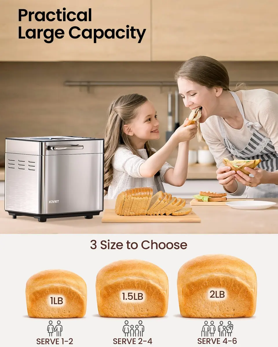 KOVIET 25‑in‑1 Bread Maker Machine 2lb | Automatic Dual Dispenser, Stainless Steel, 13-hr Delay Timer - view 6