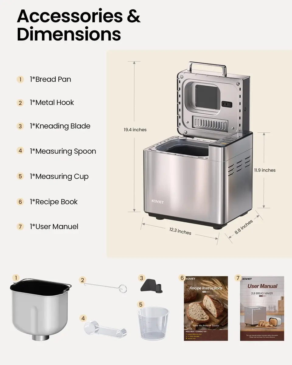 KOVIET 25‑in‑1 Bread Maker Machine 2lb | Automatic Dual Dispenser, Stainless Steel, 13-hr Delay Timer - view 7