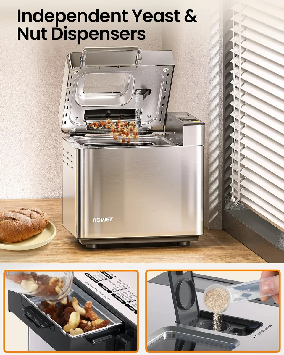 KOVIET 25‑in‑1 Bread Maker Machine 2lb | Automatic Dual Dispenser, Stainless Steel, 13-hr Delay Timer - view 3