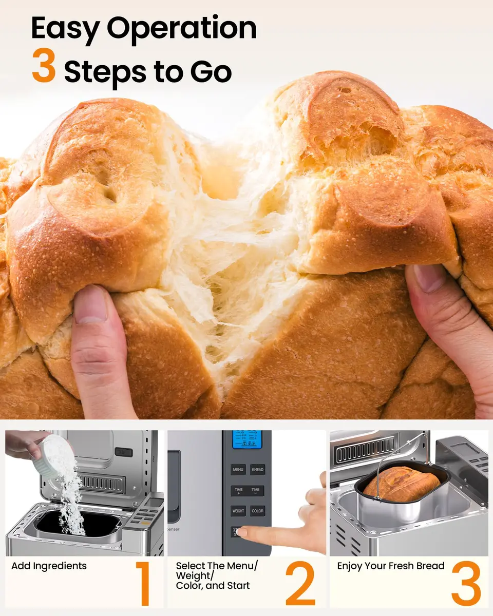KOVIET 25‑in‑1 Bread Maker Machine 2lb | Automatic Dual Dispenser, Stainless Steel, 13-hr Delay Timer - view 4