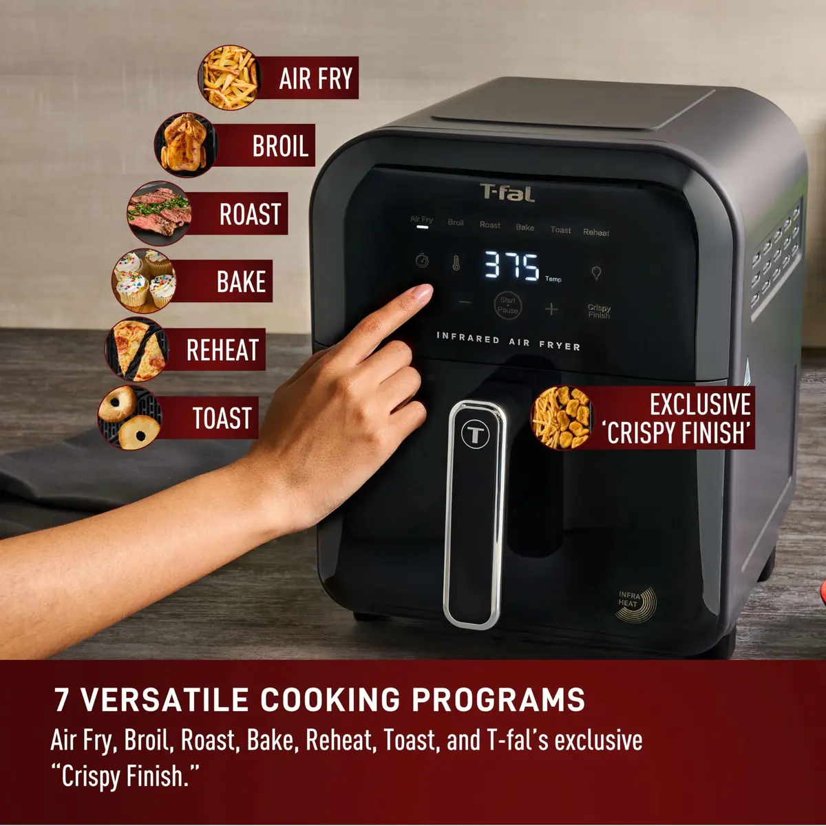 T-Fal Infrared Air Fryer 6 Qt | 7-in-1 Digital Touch Screen, No-Shake Technology, 1550W, Black - view 8