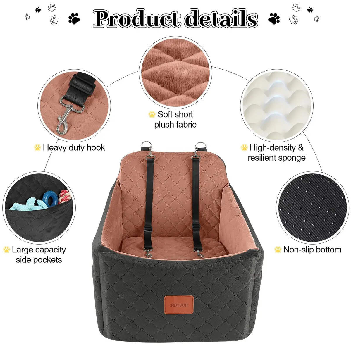 INDYBUD Dog Car Seat for Small/Medium Dogs | Memory Foam Travel Safety Booster (19 in) with Washable Cover - view 5